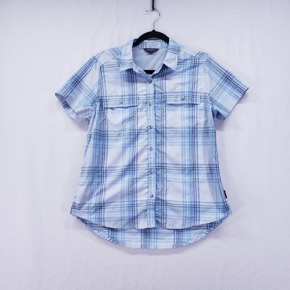 Eddie Bauer Ladies Short Sleeve Adventure Shirt Blue Plaid Size M Collar Button